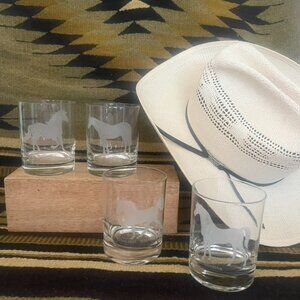 Set of 4 Etched Horse Breed 8 oz Bourbon Glasses RARE Equestrian Old Fashioned